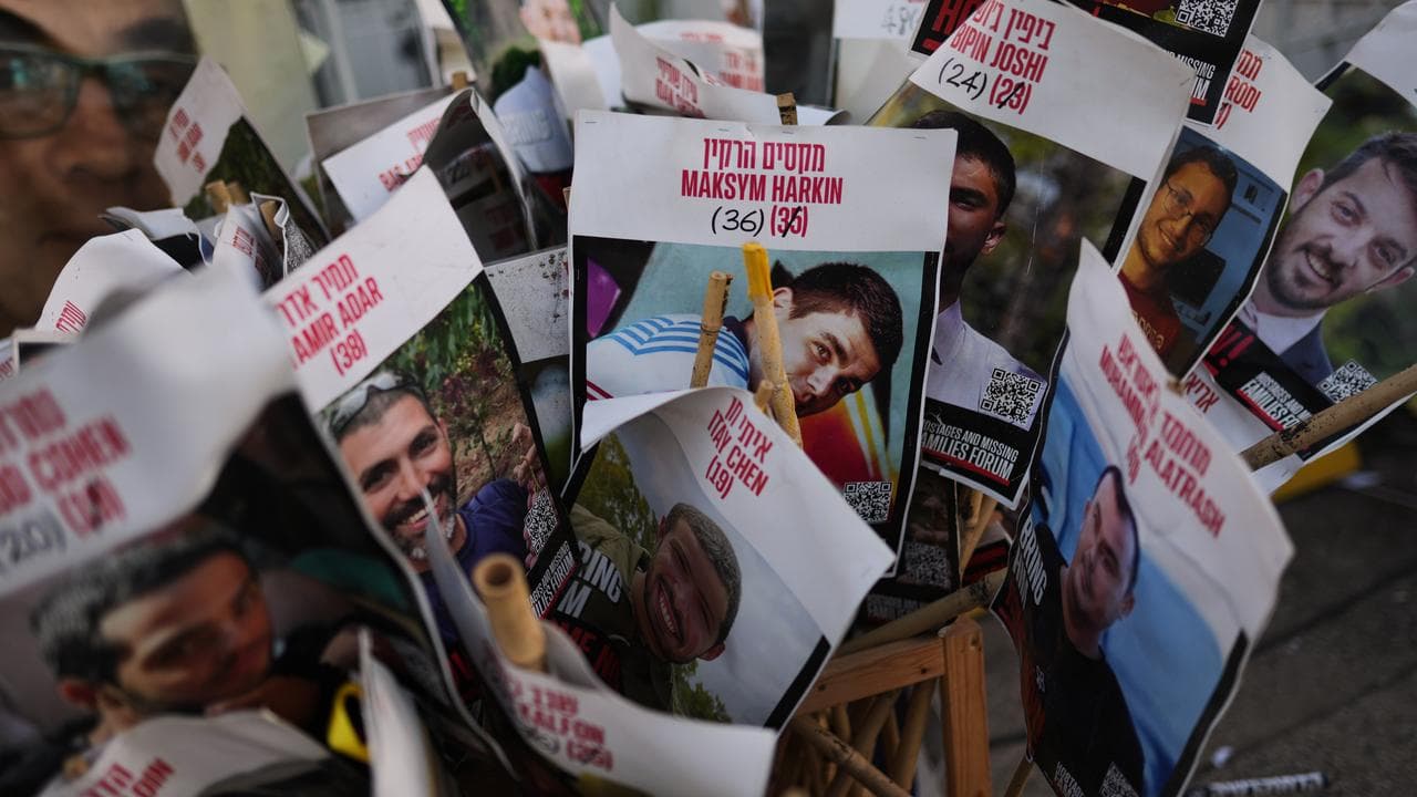 Placards showing hostages 