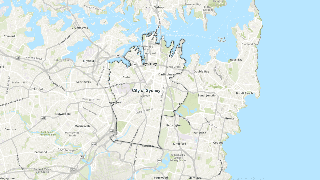A map of the City of Sydney Council boundaries.