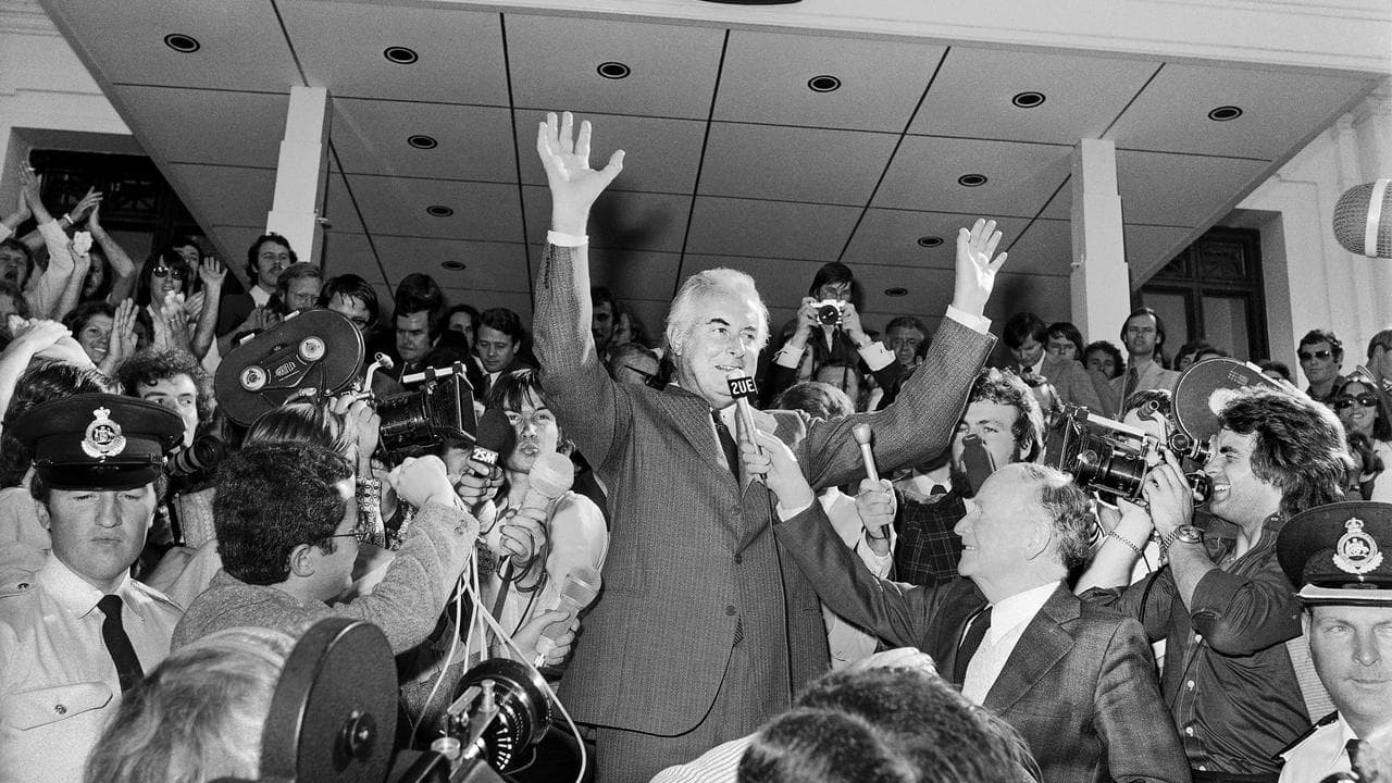 Sacked prime minister Gough Whitlam speaks outside parliament in 1975