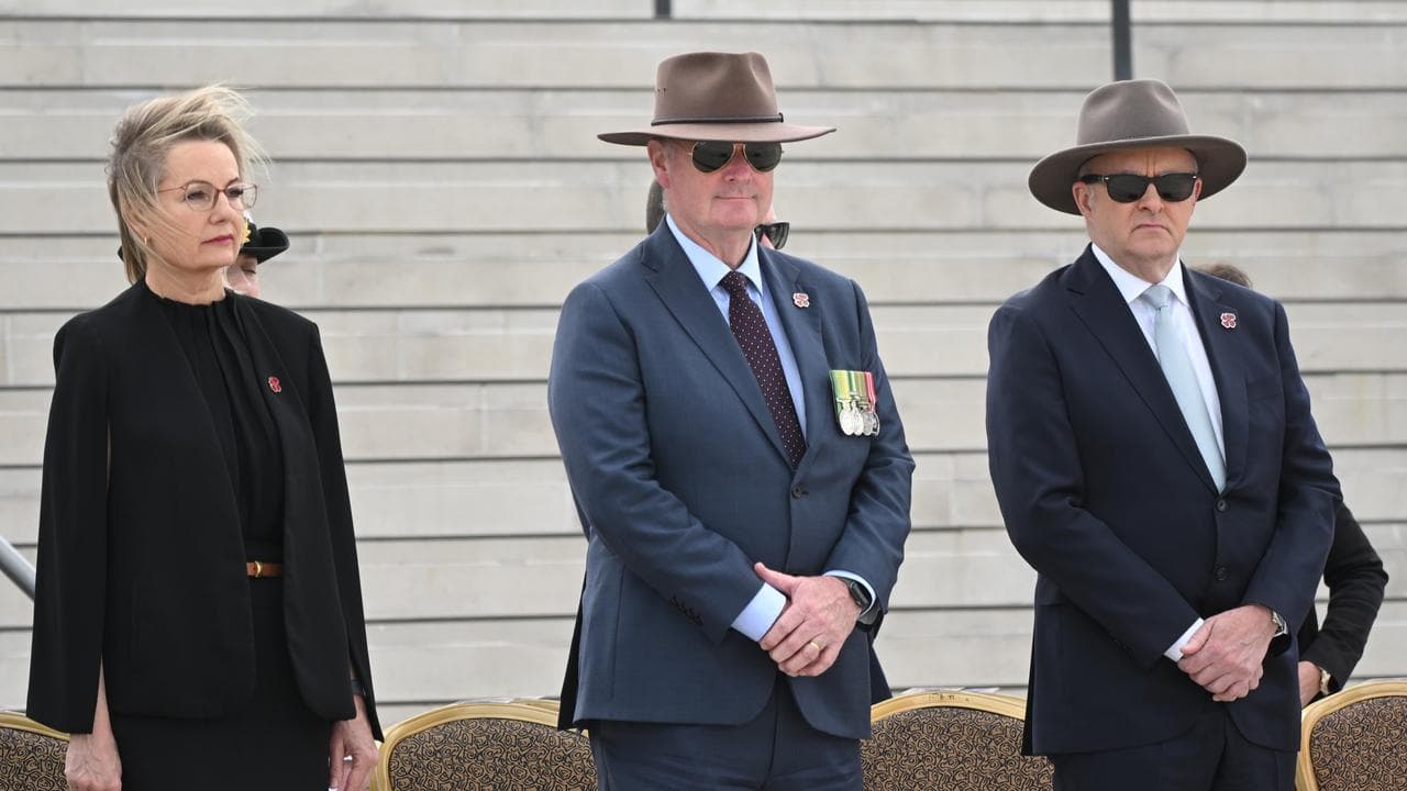 Sussan Ley, Matt Anderson and Anthony Albanese at Remembrance Day