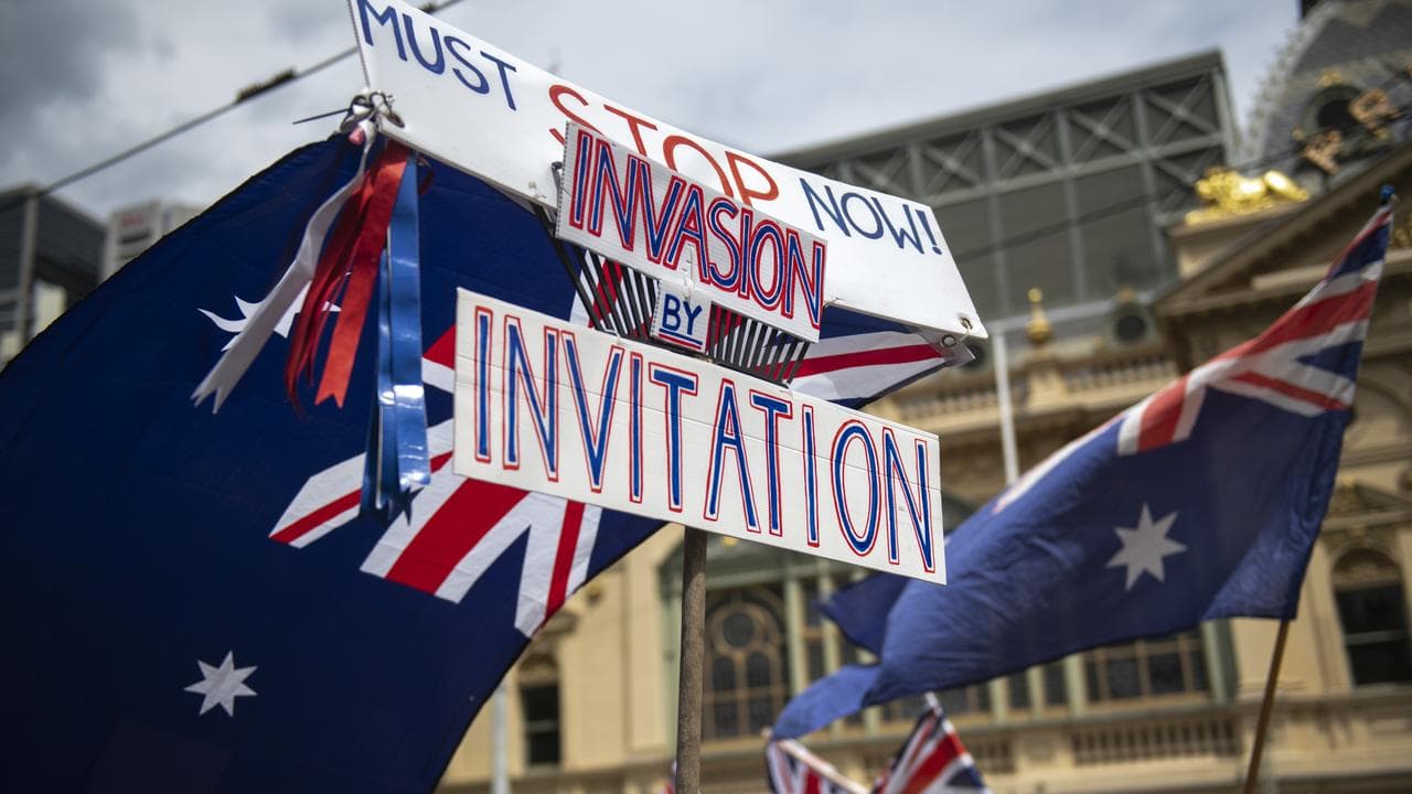 A sign at the March for Australia in Melbourne, in October.