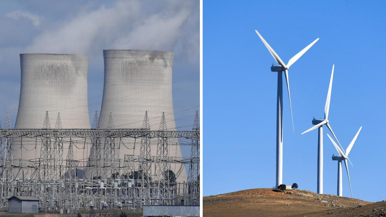 Coal-fired power station cooling towers and wind farm in NSW