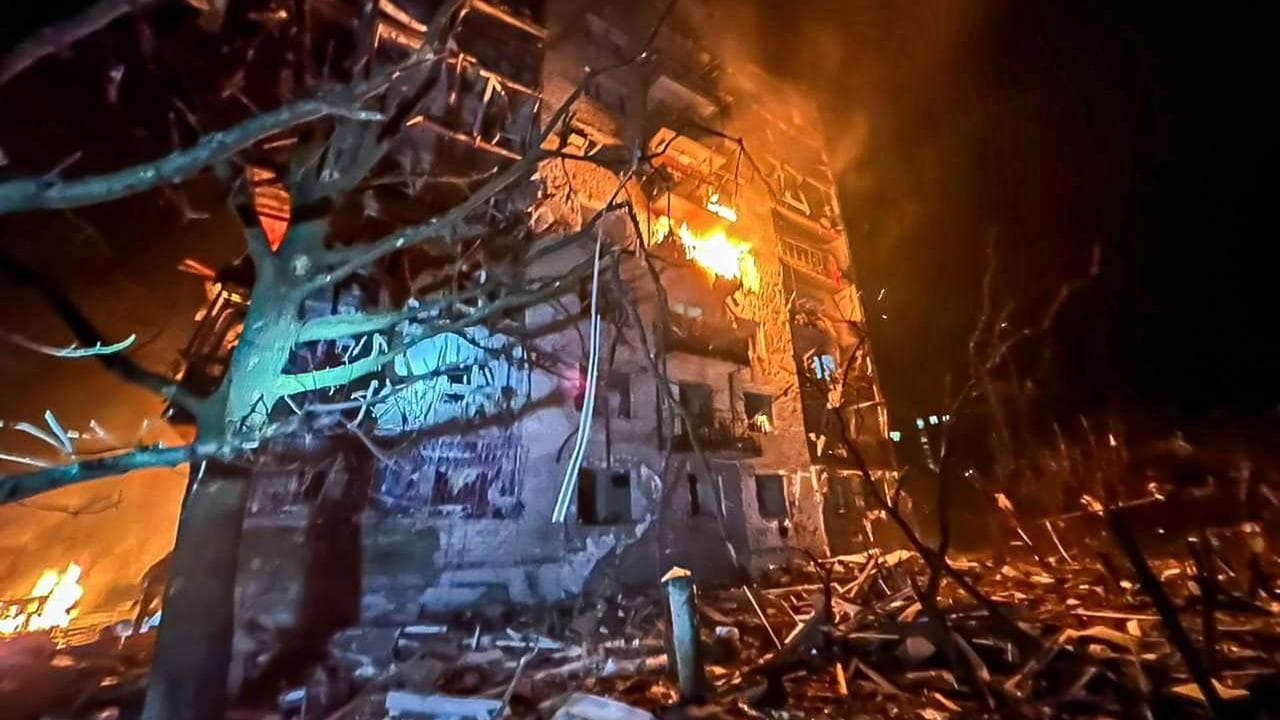 A fire following a Russian attack in Balakliya, Kharkiv region