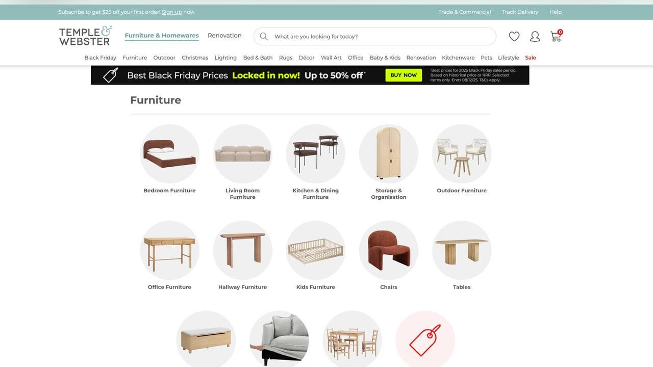 A screen grab taken from Temple & Webster’s online store