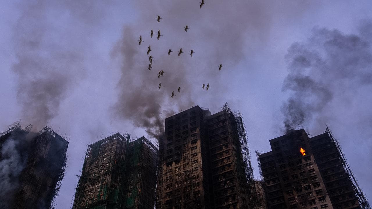 Birds fly over the burned buildings at Wang Fuk Court
