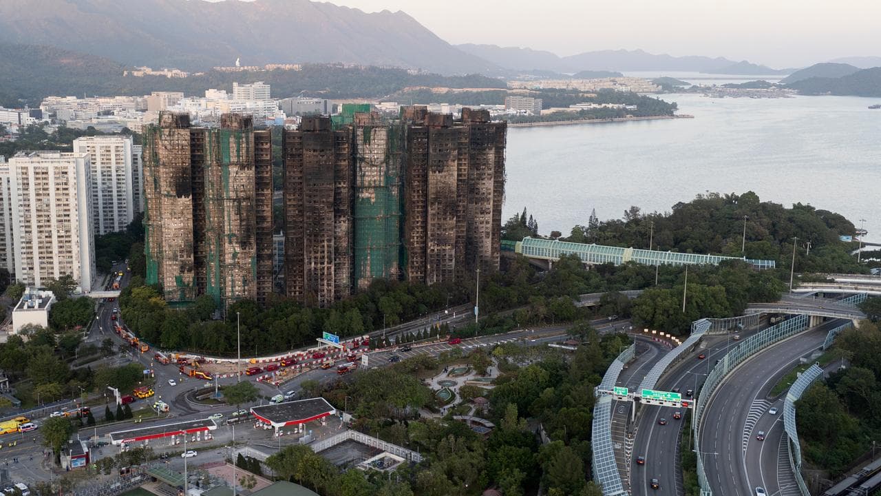 Burnt buildings after a deadly fire at Wang Fuk Court