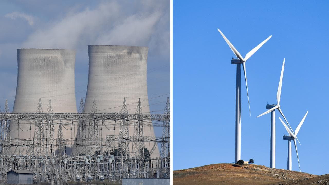 A coal-fired power station and wind turbines