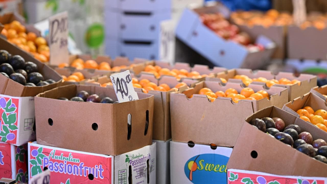 Boxes of fruit on display at the Queen Victoria Market