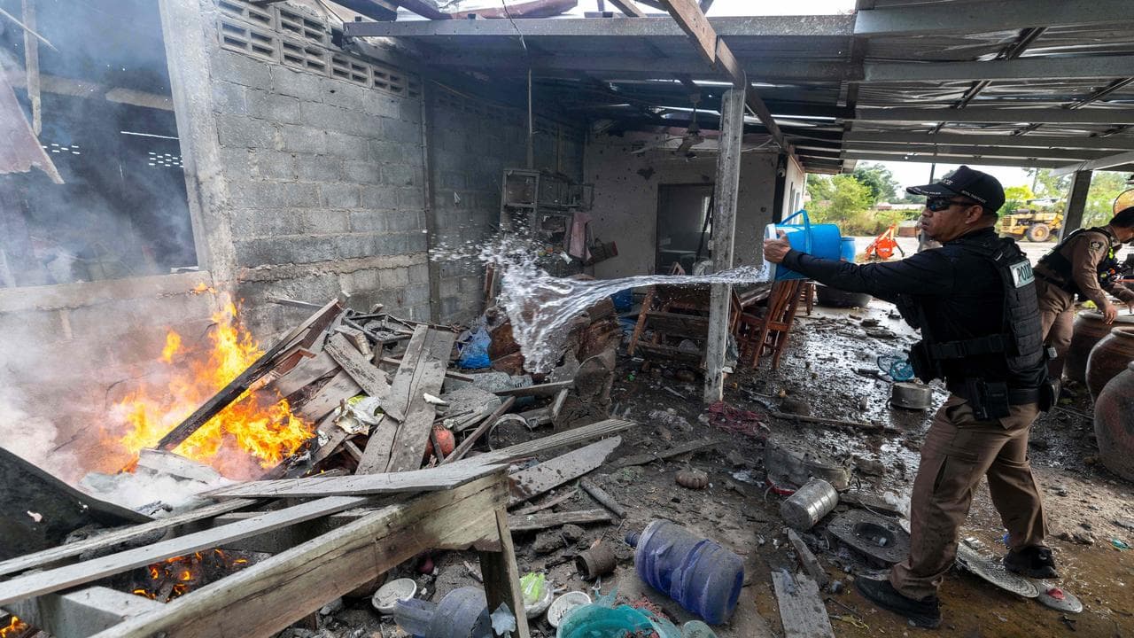 Fire at a house caused by Cambodian artillery in Thailand