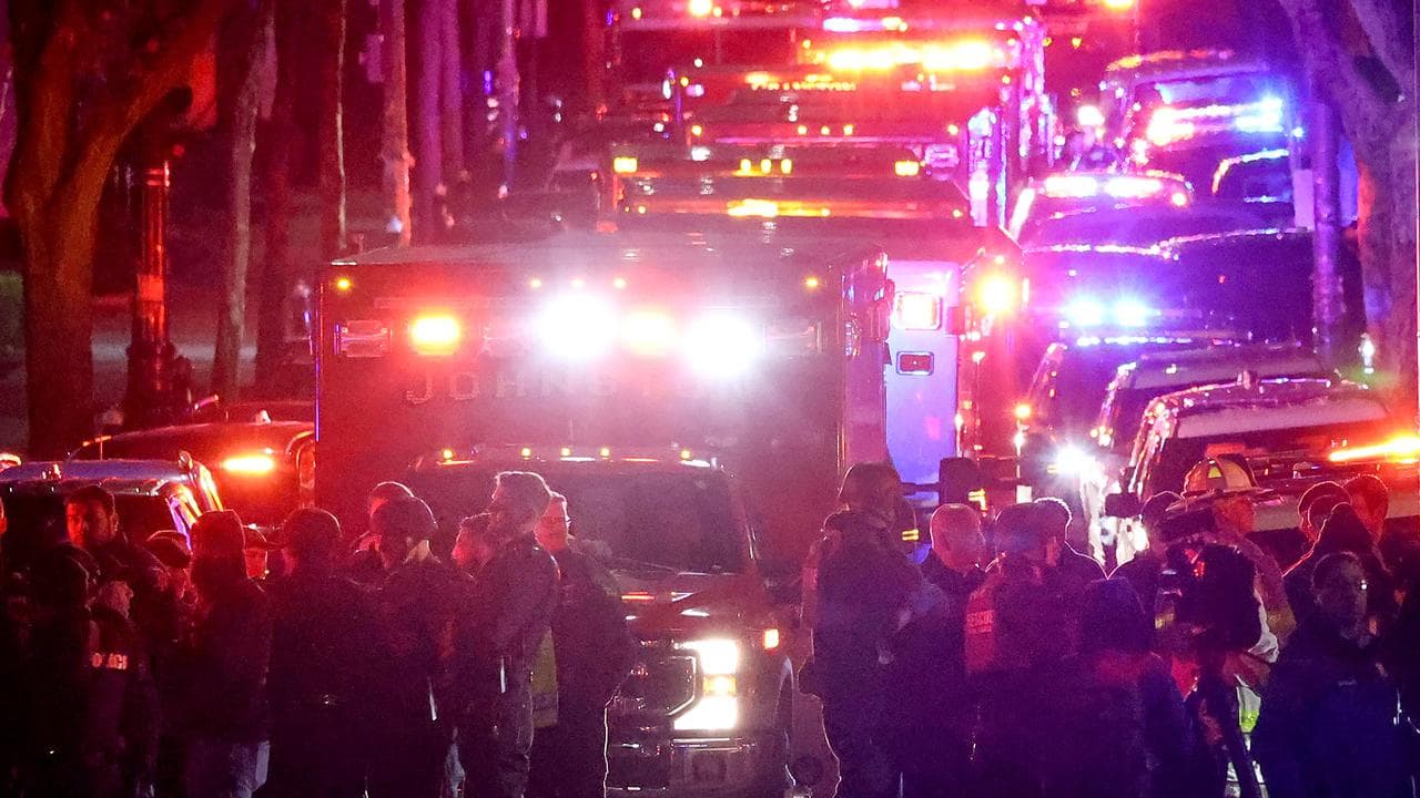 Emergency personnel gather on Waterman Street at Brown University