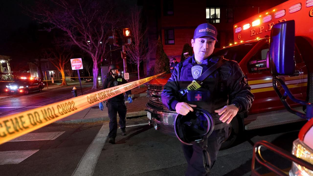 Emergency personnel gather on Waterman Street at Brown University