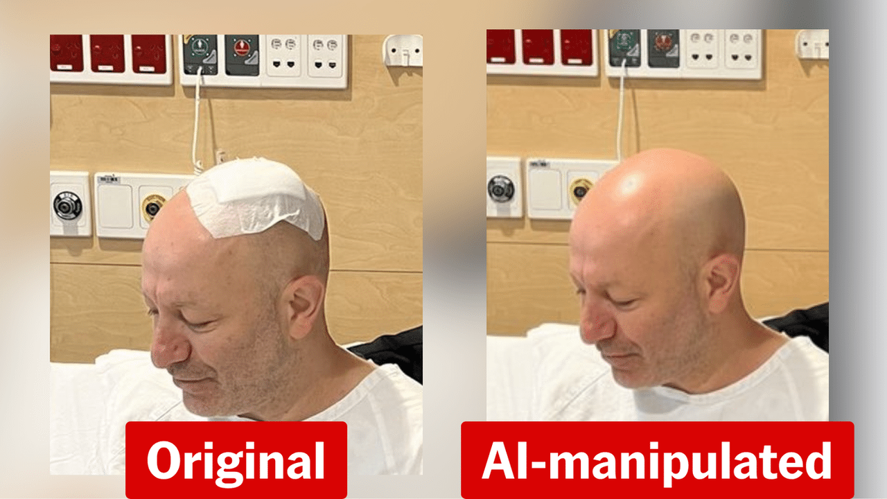 A screenshot of an AI manipulated image next to the original.