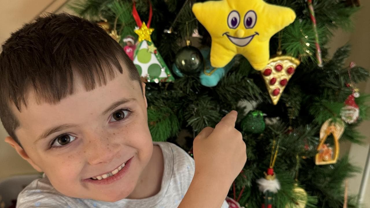 Boston Willett beside a Christmas tree i