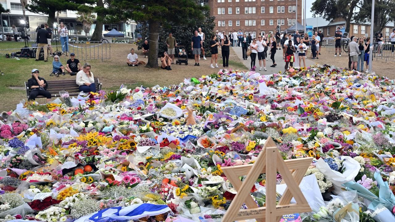 A floral memorial at Bondi Beach.