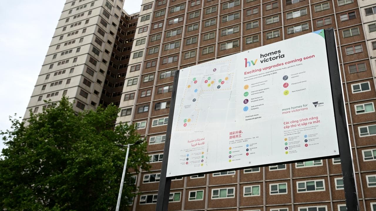 Homes Victoria signage at a Richmond housing tower