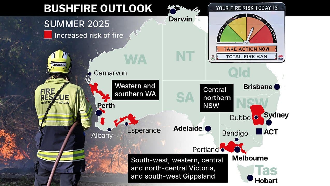 Map of Australia showing areas of bushfire risk.