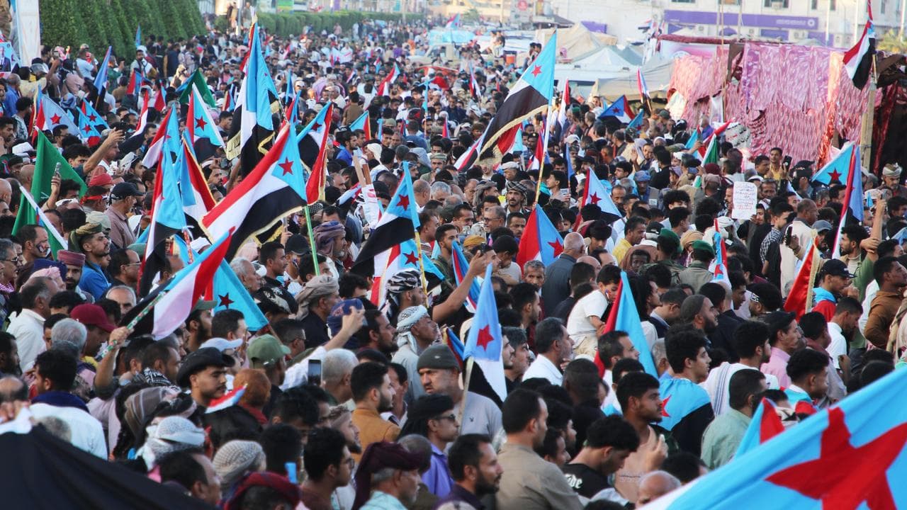 Supporters of the Southern Transitional Council rally in Aden, Yemen
