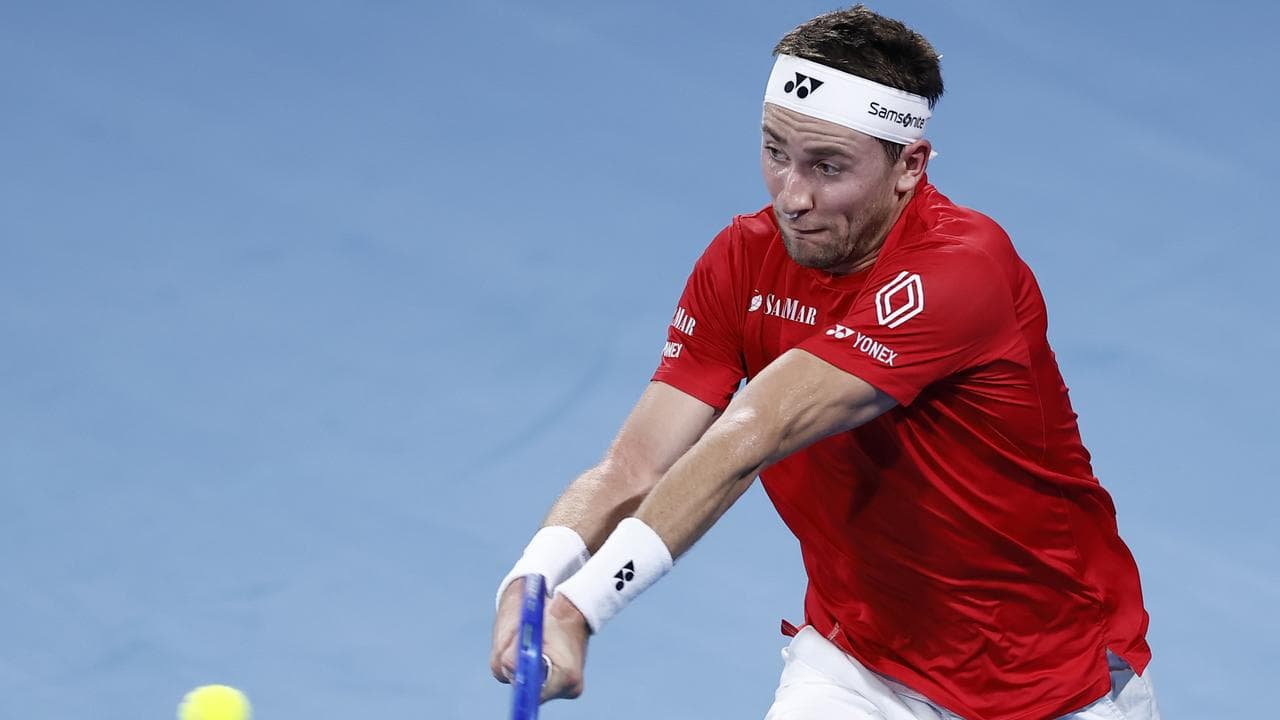 Casper Ruud of Team Norway plays a backhand.