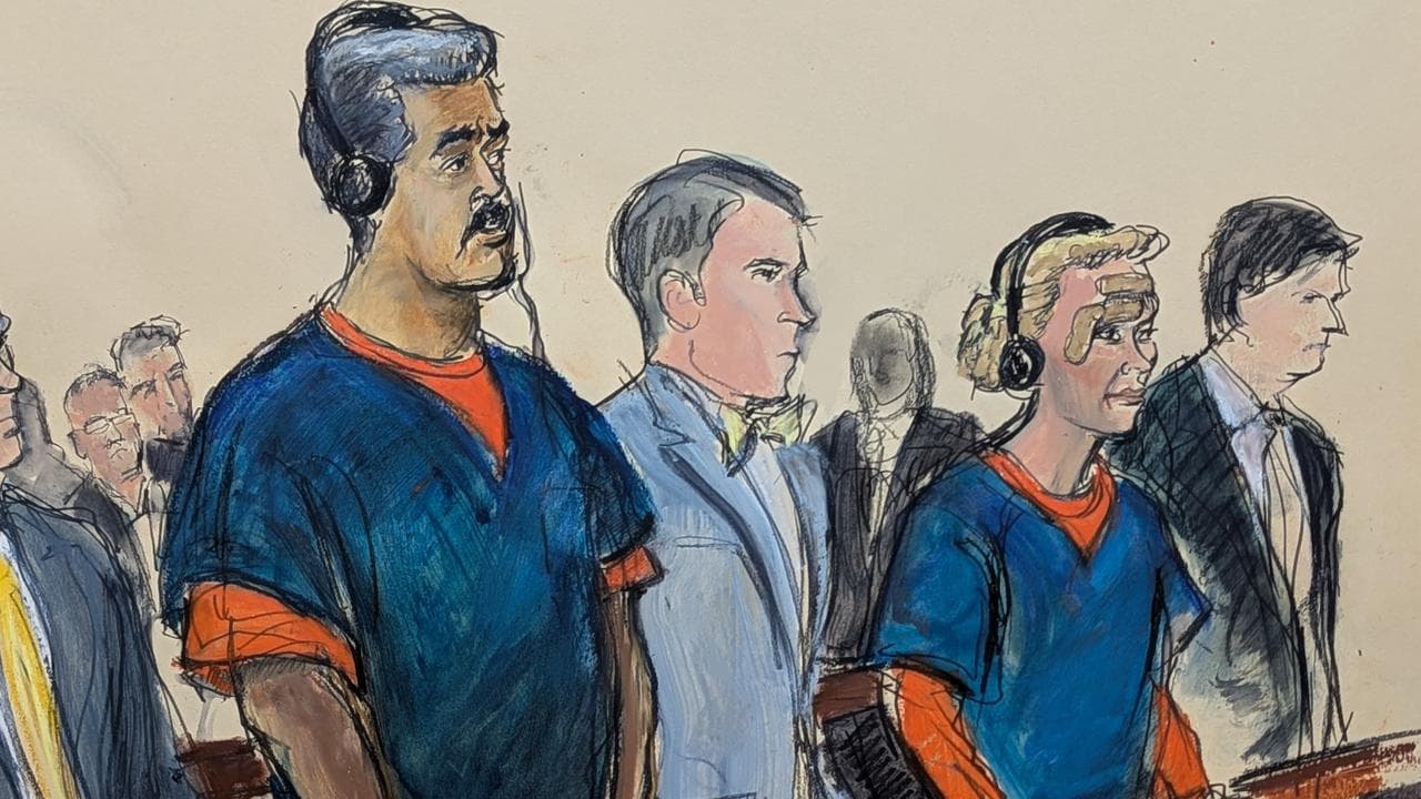 Sketch of Nicolas Maduro and wife Cilia Flores in a Manhattan court