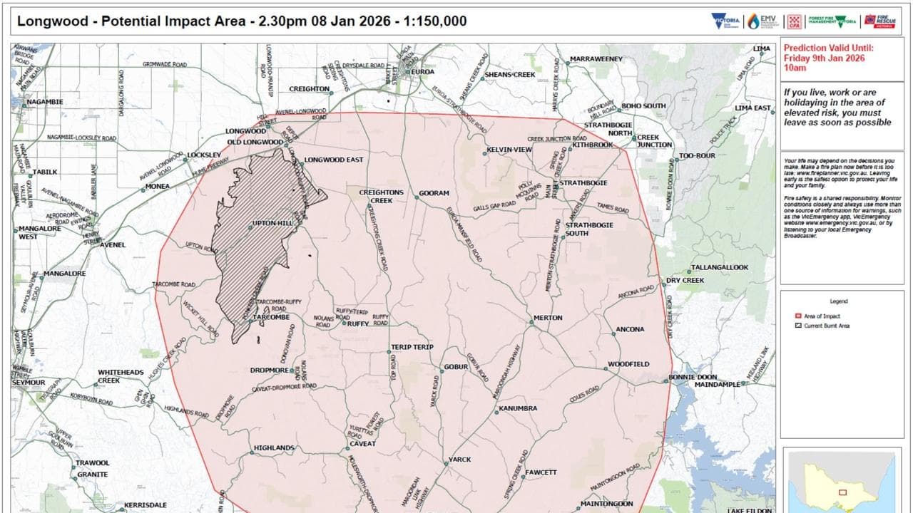 The potential bushfire impact area for the Longwood area in Victoria