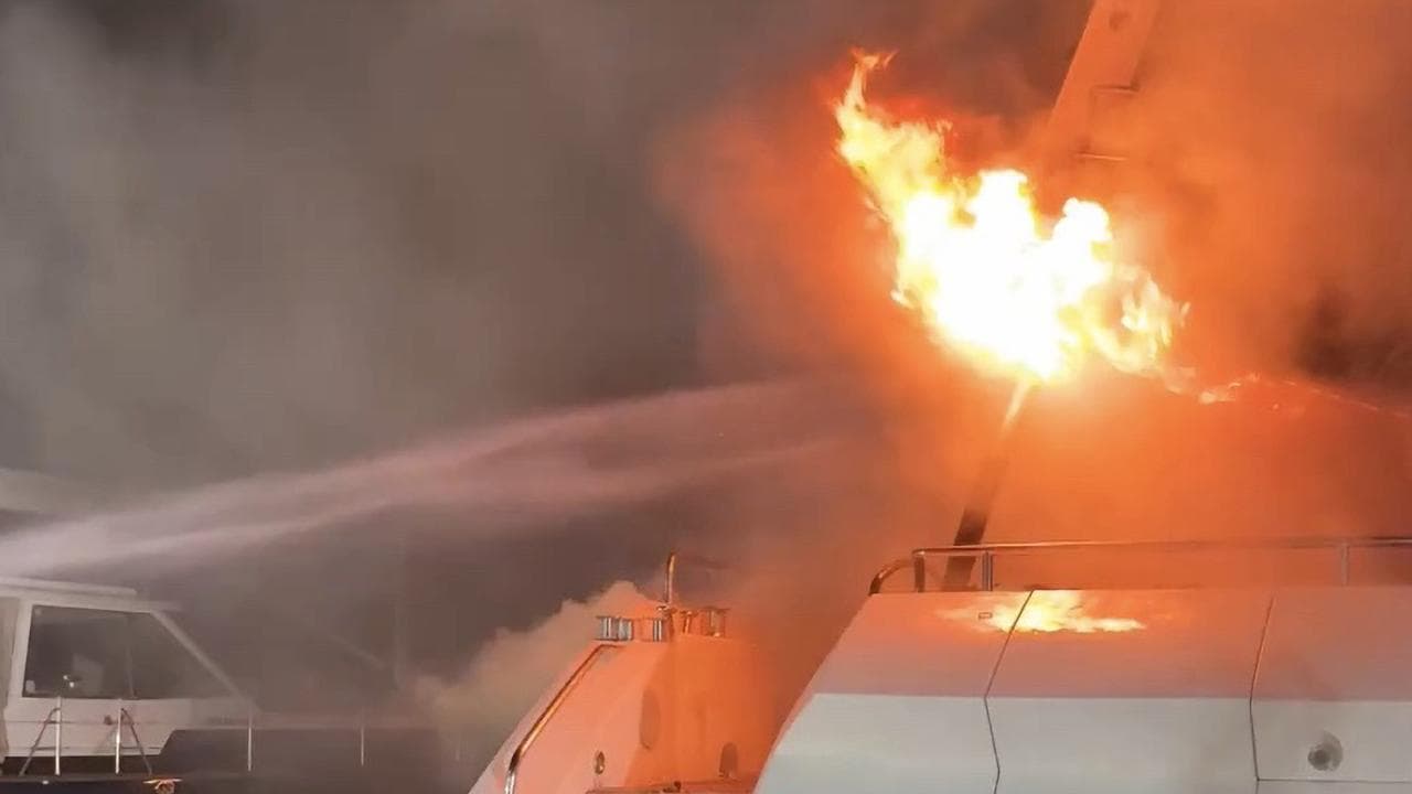 A yacht on fire