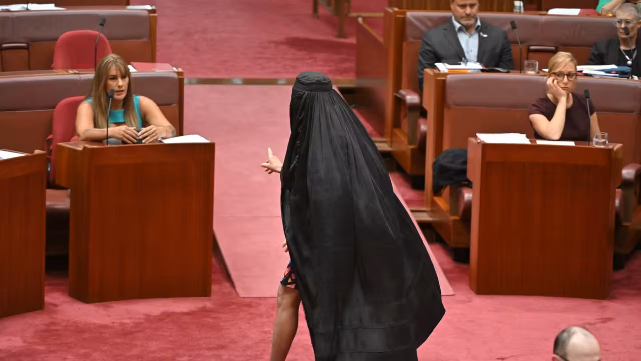 One Nation Leader Pauline Hanson wears a burqa in the Senate