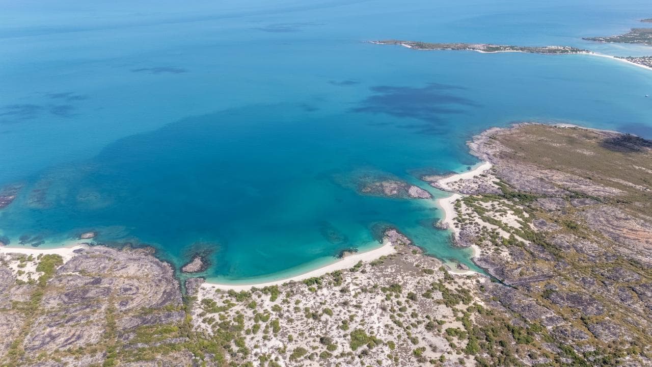 An aerial view of the beach at Australia Bay on Martjanba Island