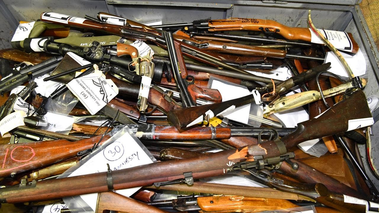 Confiscated firearms on display for the media in Brisbane in 2017