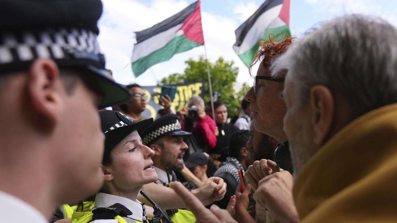 Protesters argue with police in London (file image)