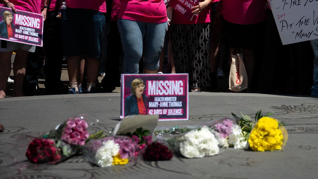"Missing" sign featuring Health Minister Mary-Anne Thomas