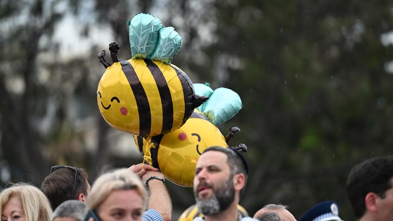 Bee balloons are flown at a National Day of Reflection vigil