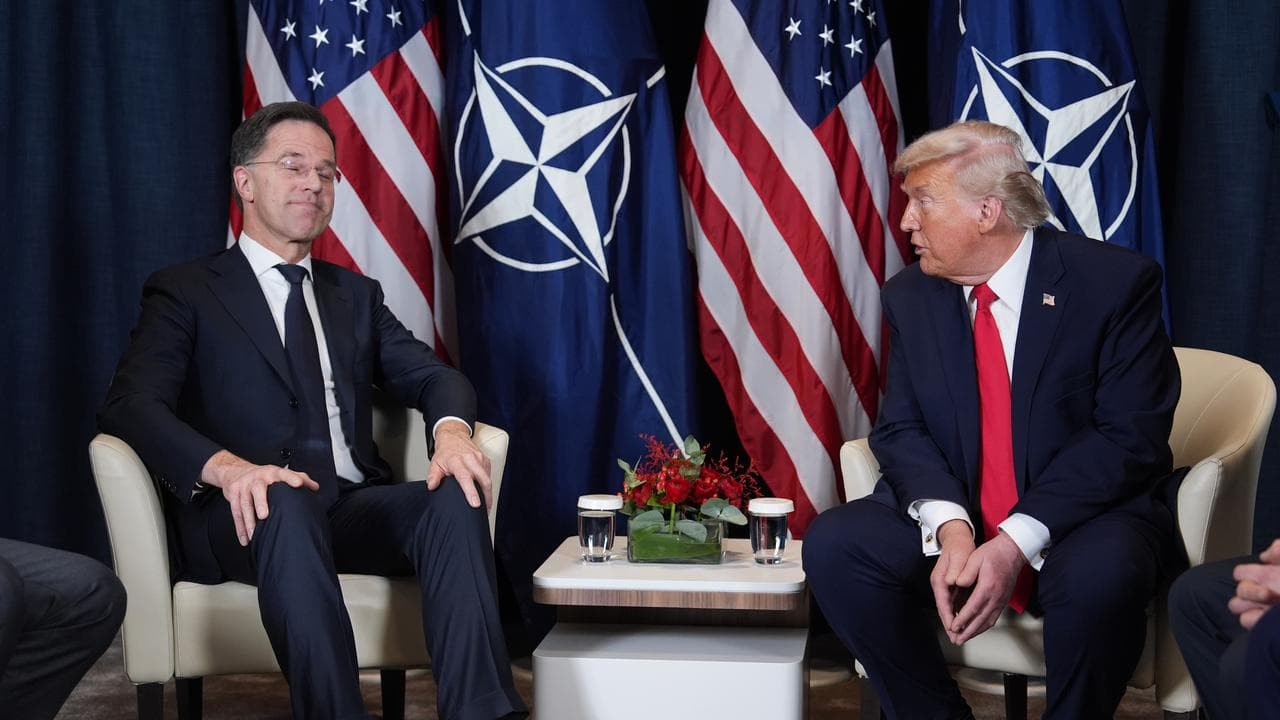 Donald Trump, right, meets with NATO Secretary General Mark Rutte