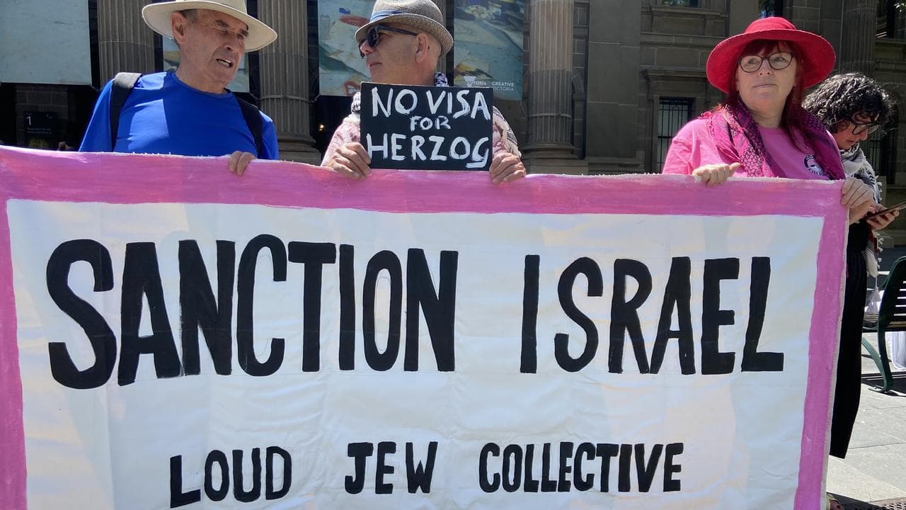 People protest Israeli President Isaac Herzog's upcoming visit