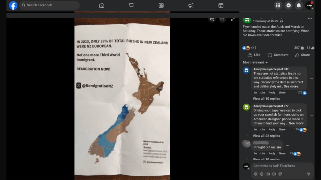 An image of a Facebook post underestimating European births in NZ.