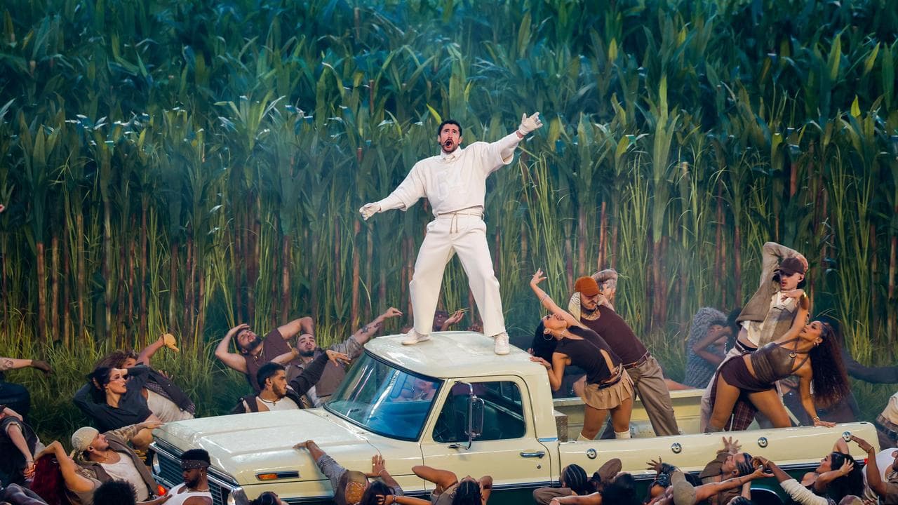 Bad Bunny performs during the halftime show of Super Bowl