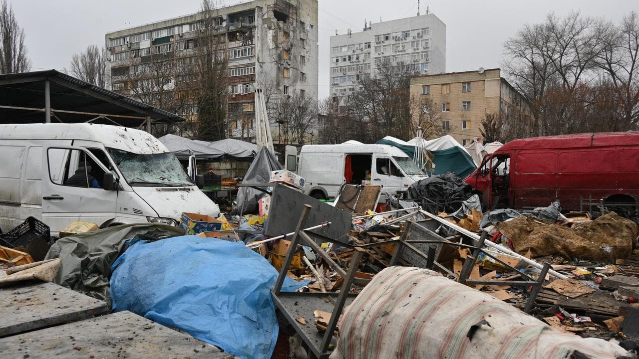 A ruined city market following a Russian attack in Odesa, Ukraine