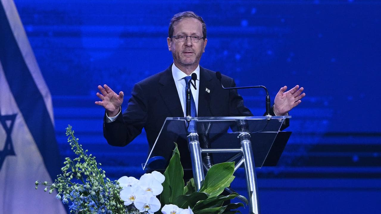 Israeli President Isaac Herzog speaks at an event in Melbourne
