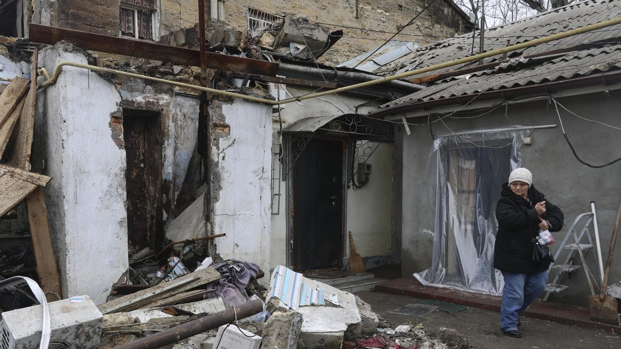 The site of a Russian drone strike on a private building in Odesa
