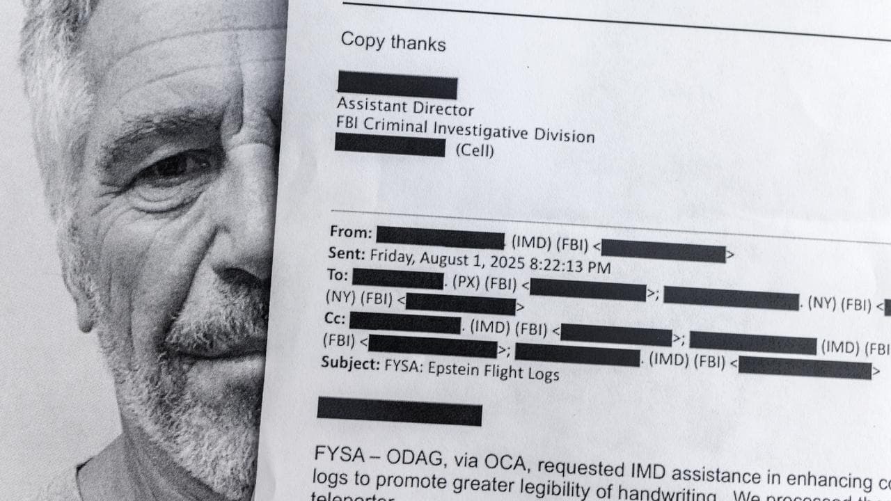 An illustration of Jeffrey Epstein and redacted documents.