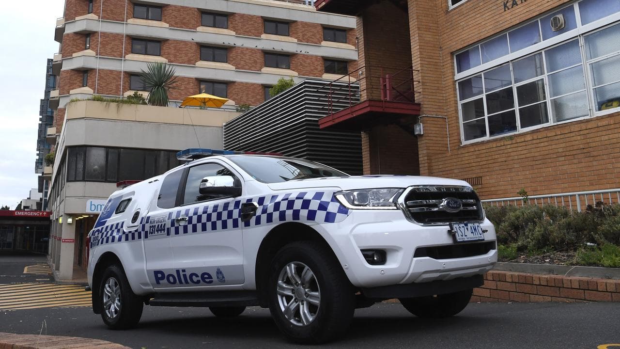 A police car is seen at Geelong Hospital in Geelong,