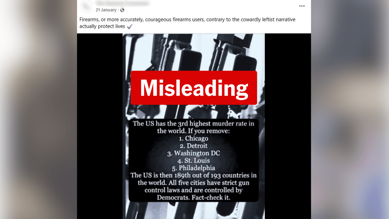 A post claims the US murder rate is largely impacted by five cities.