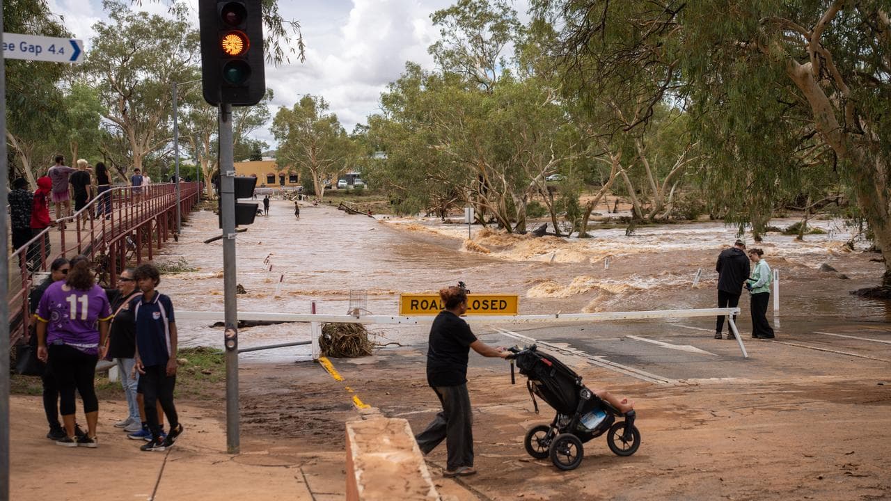 Floodwaters surge at Undoolya Road Bridge in Alice Springs,