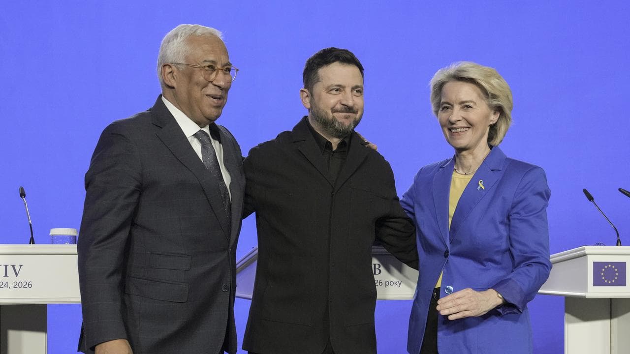 Antonio Costa, Volodymyr Zelenskiy and Ursula von der Leyen
