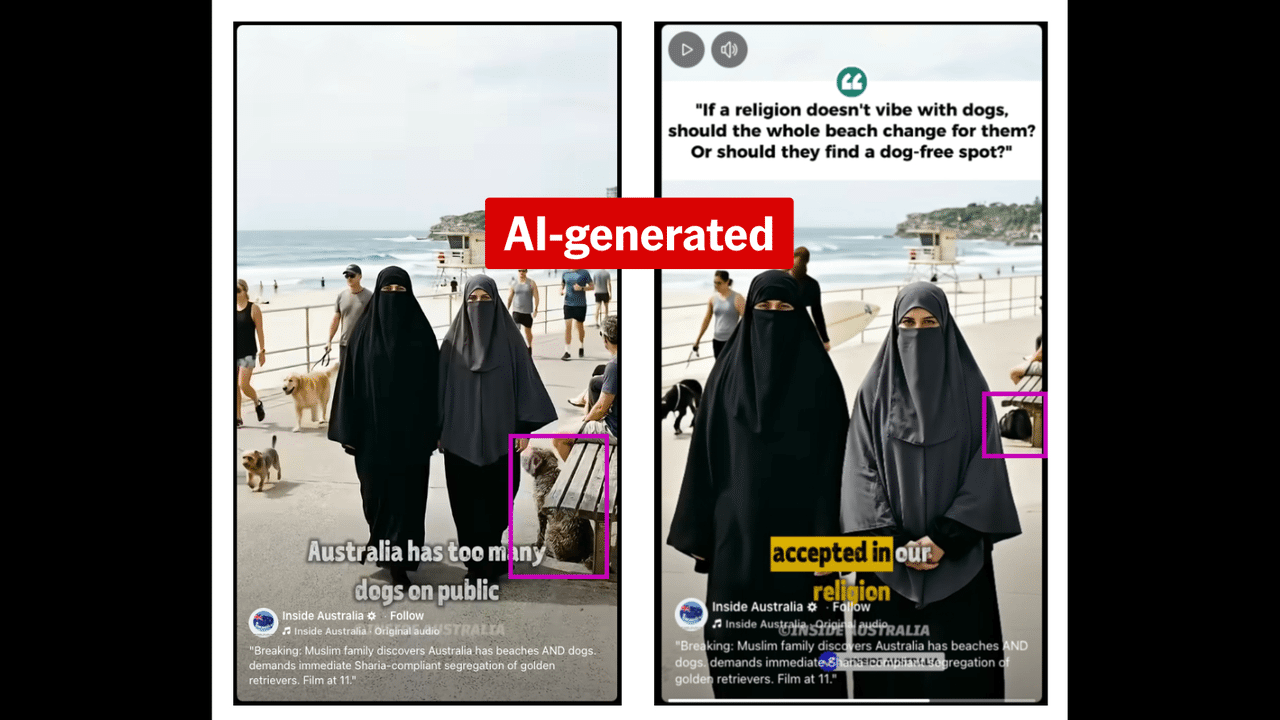 A screenshot from AI video of Muslims calling for a dog beach ban.