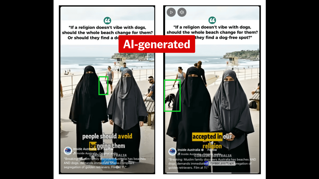 A screenshot from AI video of Muslims calling for a dog beach ban.