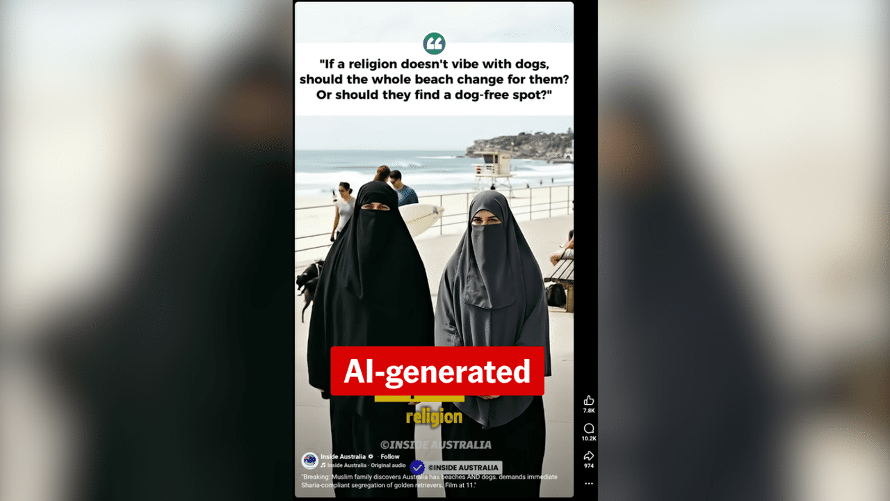 A screenshot from AI video of Muslims calling for a dog beach ban.