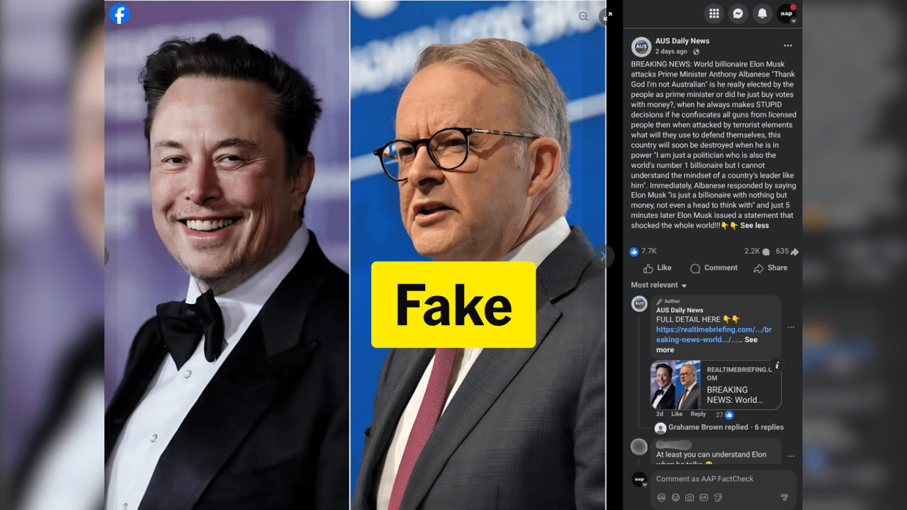 A screenshot of false claims about Elon Musk and Anthony Albanese.