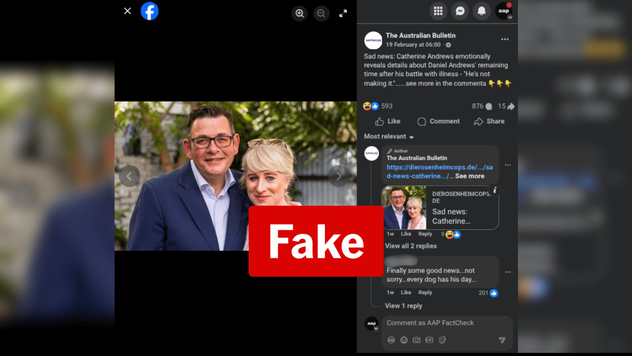 A screenshot of a post sharing fake news about Daniel Andrews.