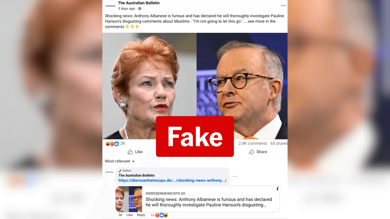 A post with false claims about the PM and Senator Hanson.