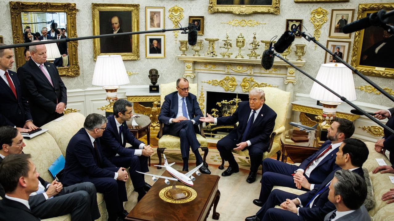 US President Donald Trump (C-R) and German Chancellor Friedrich Merz